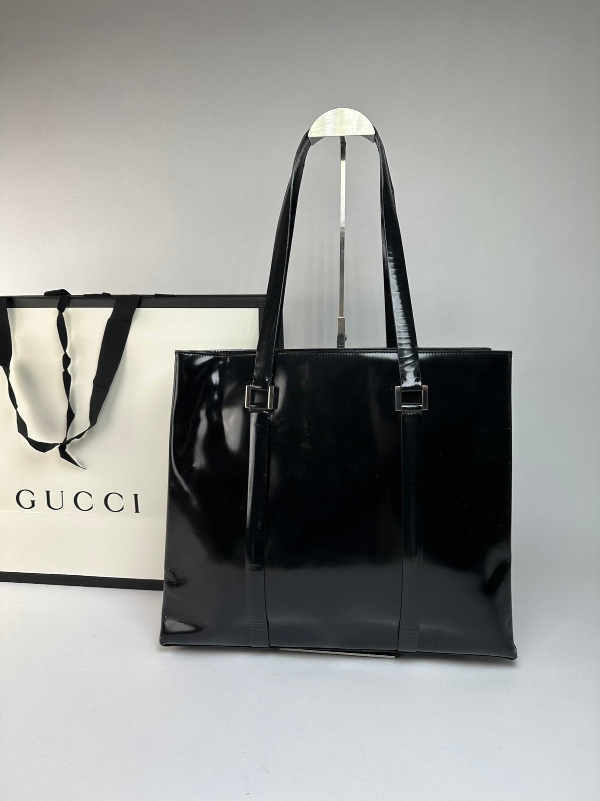 Vintage Gucci Patent Leather Tote Black Silver