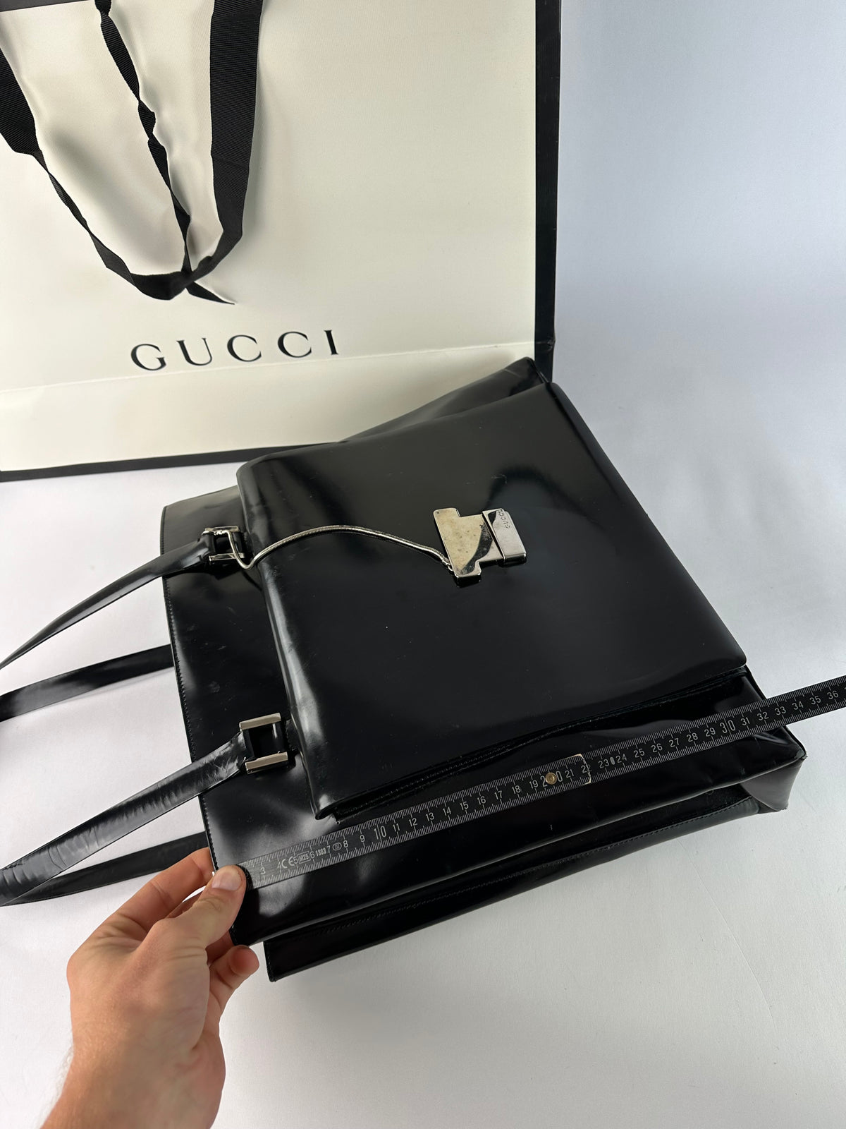 Vintage Gucci Patent Leather Tote Black Silver