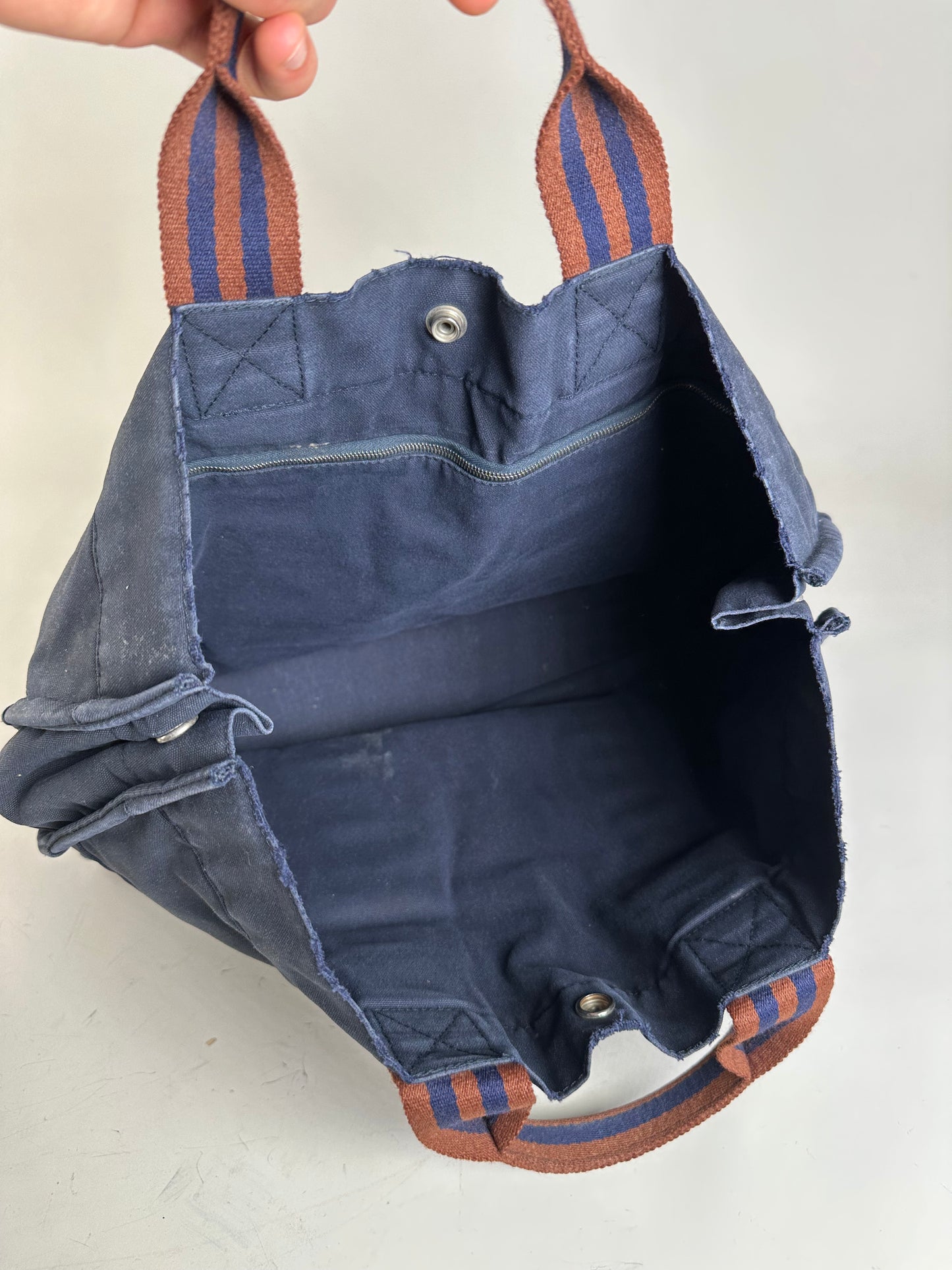 Vintage Hermes Canvas Leather Trim Tote Navy Rust