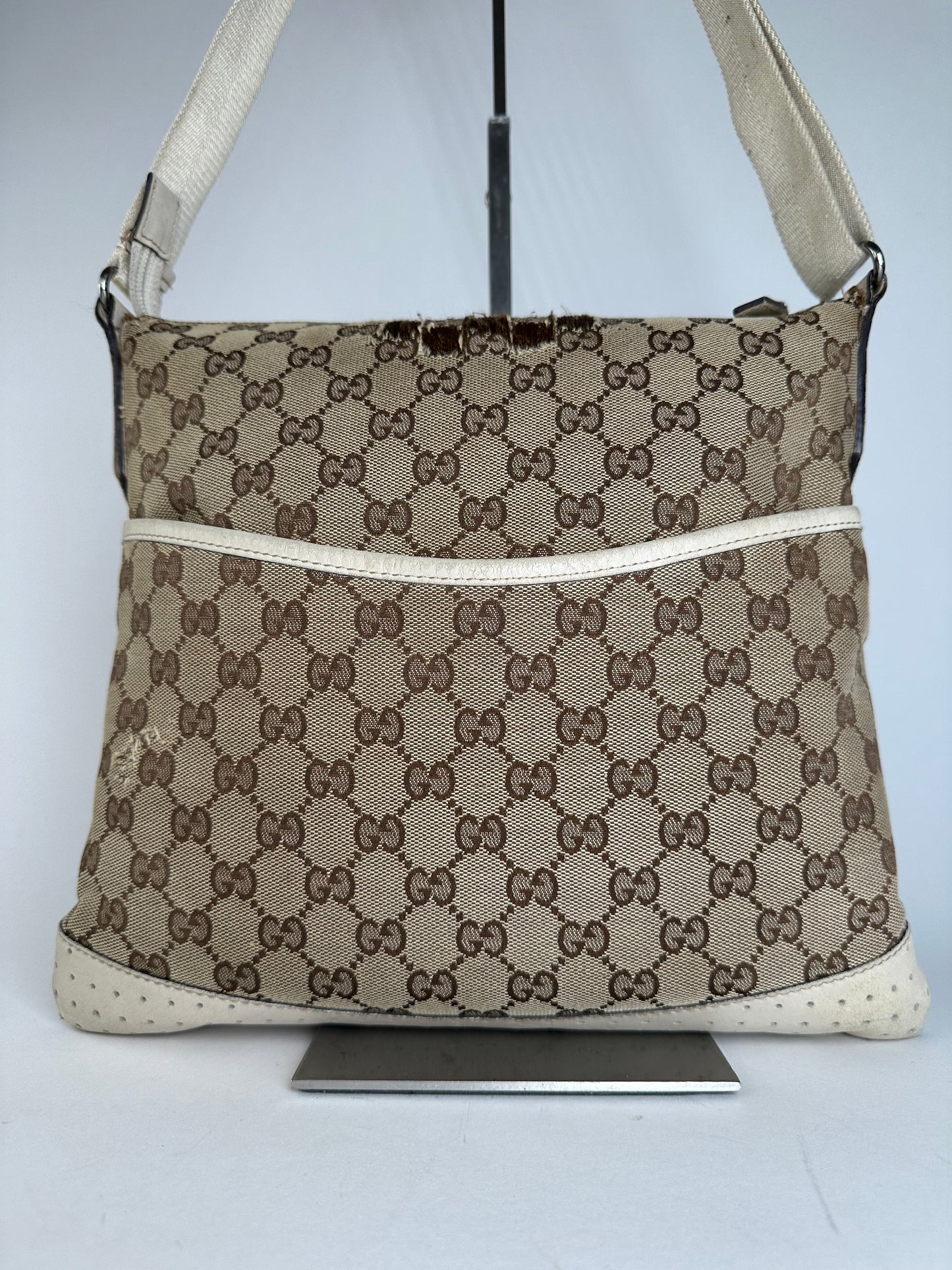 Vintage Gucci GG Monogram Canvas Crossbody Bag Brown Ivory