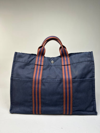 Vintage Hermes Canvas Leather Trim Tote Navy Rust