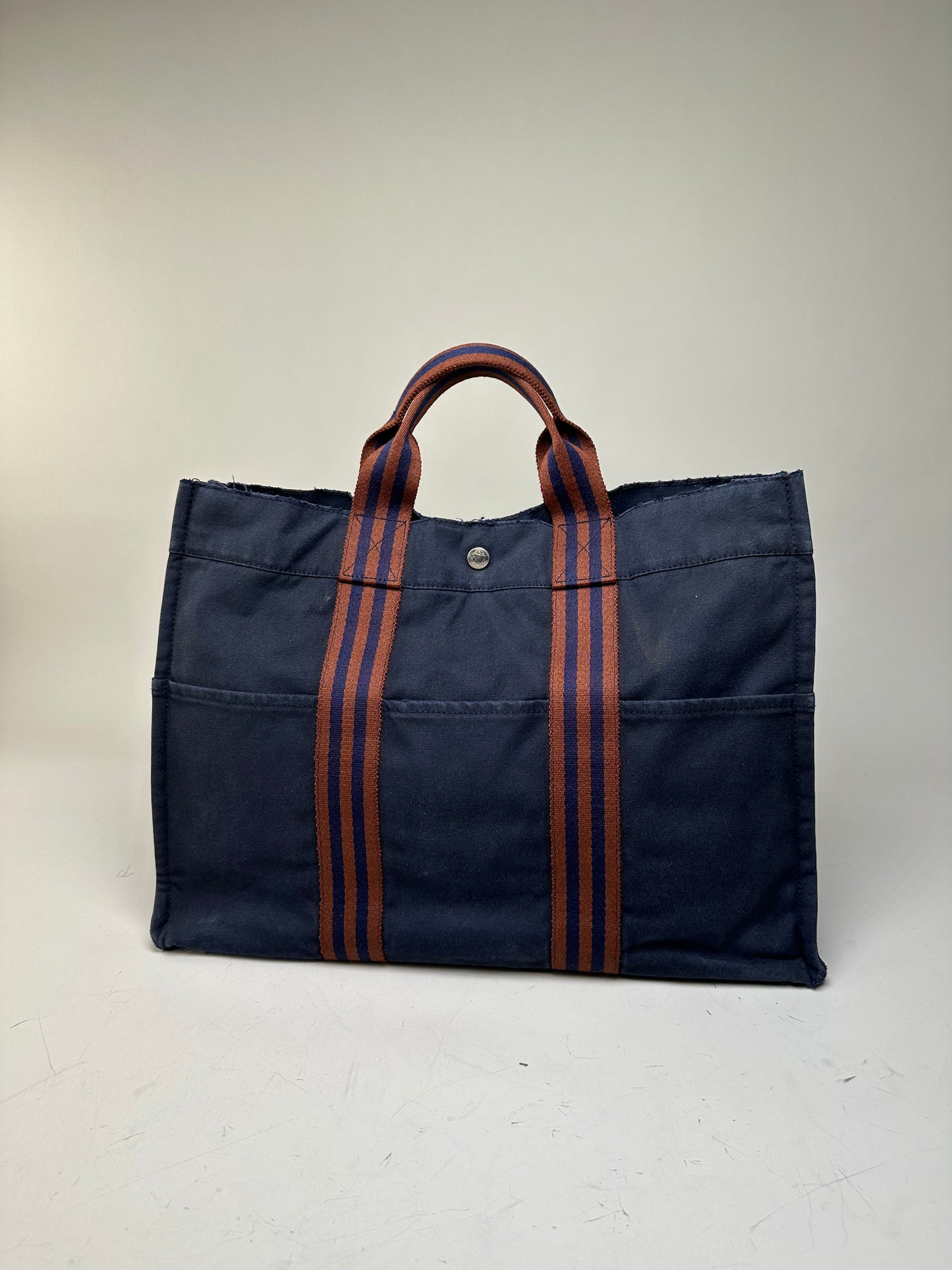Vintage Hermes Canvas Leather Trim Tote Navy Rust