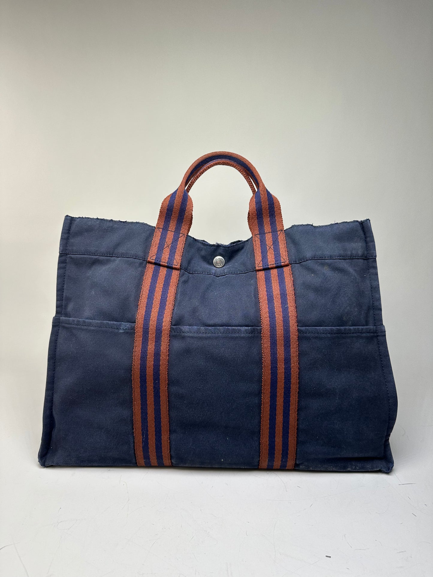Vintage Hermes Canvas Leather Trim Tote Navy Rust