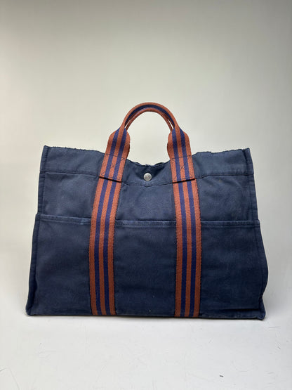 Vintage Hermes Canvas Leather Trim Tote Navy Rust