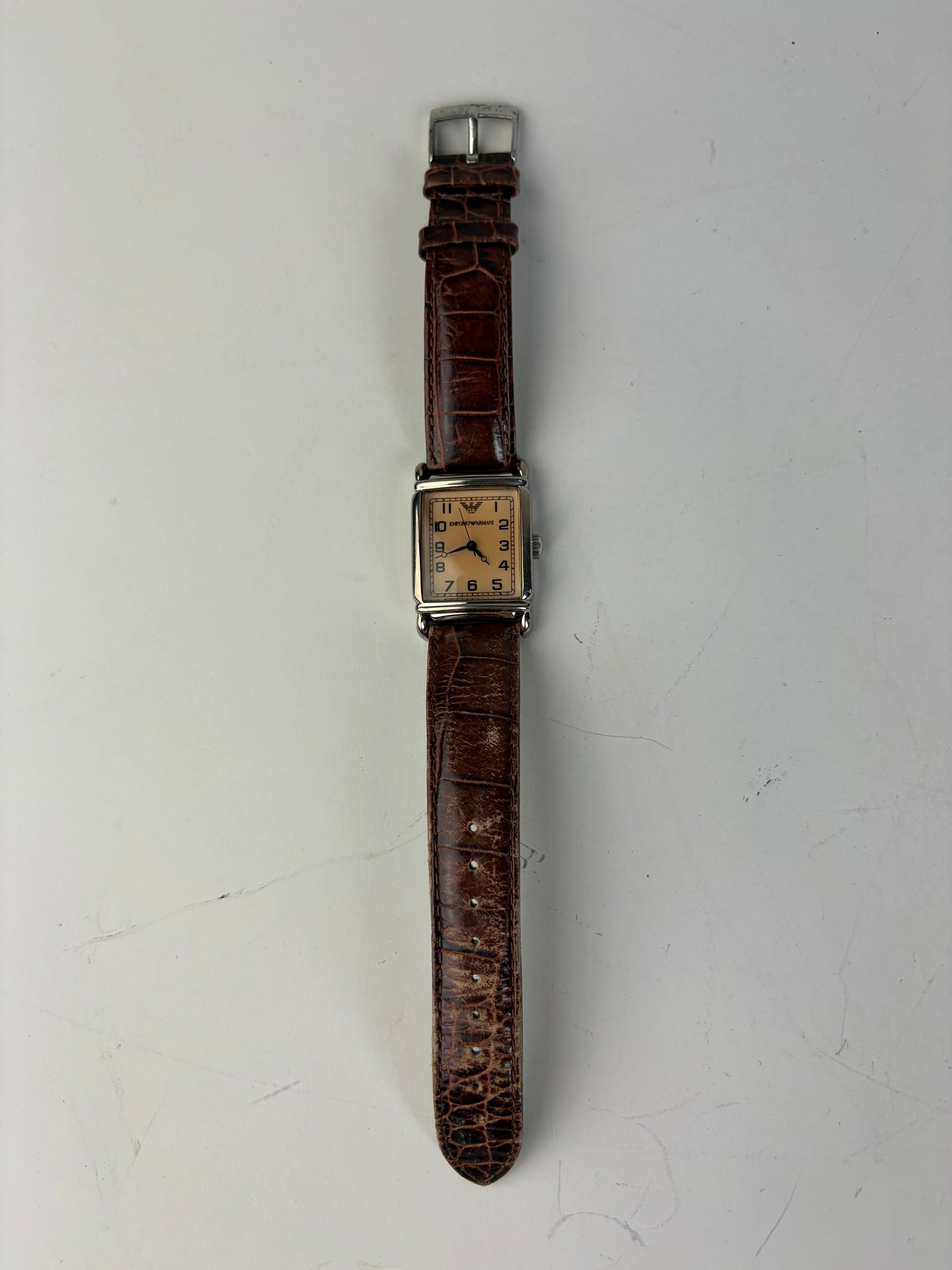 Vintage Giorgio Armani Leather Strap Watch Brown Silver