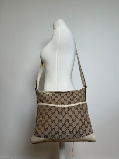 Vintage Gucci GG Monogram Canvas Crossbody Bag Brown Ivory
