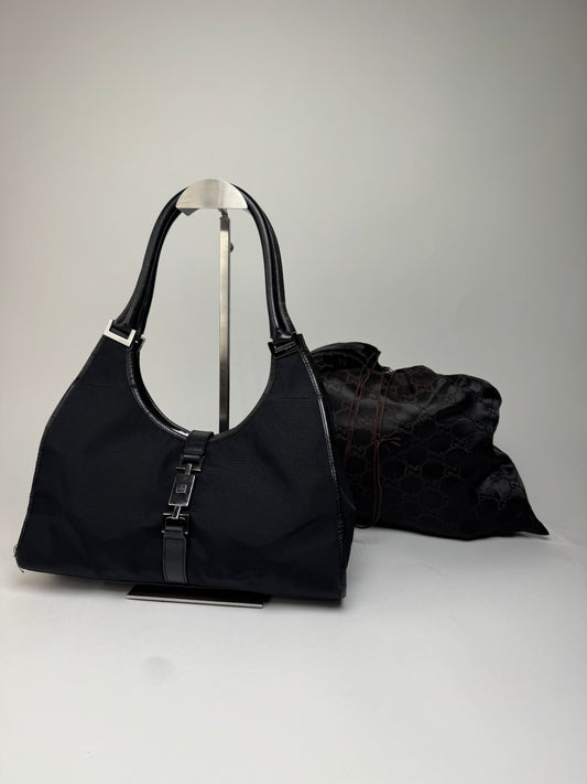 Vintage Gucci Jackie Leather Canvas Handbag Black