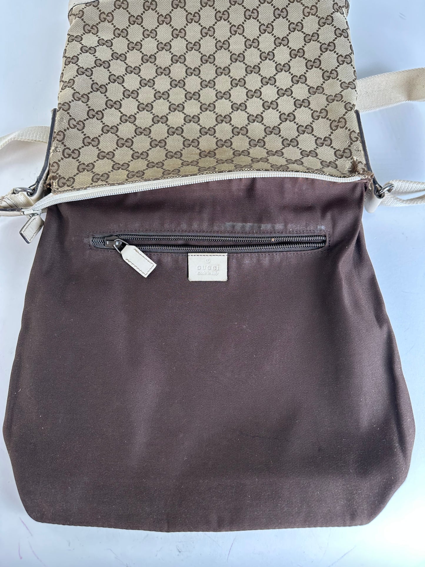 Vintage Gucci GG Monogram Canvas Crossbody Bag Brown Ivory