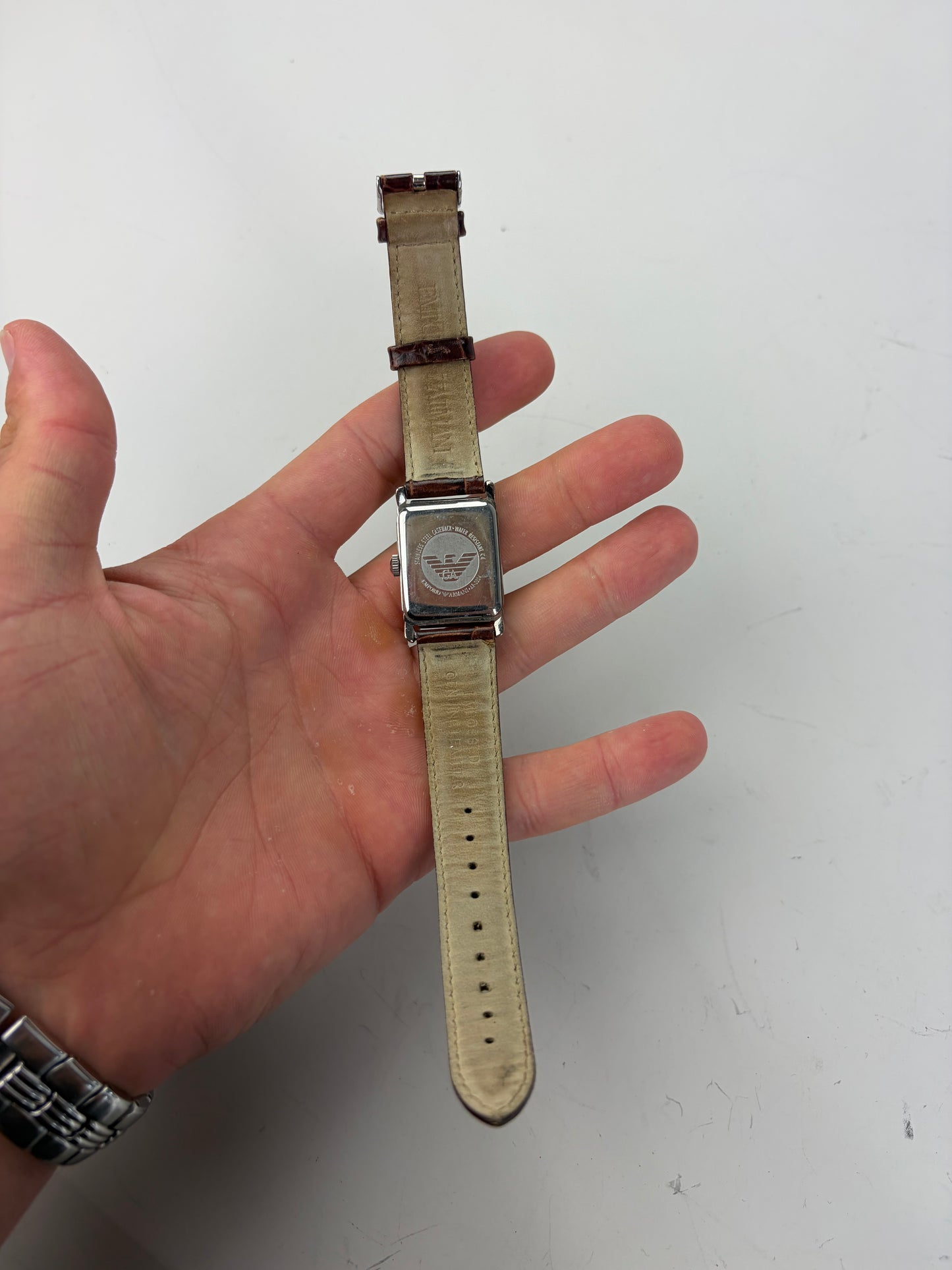 Vintage Giorgio Armani Leather Strap Watch Brown Silver