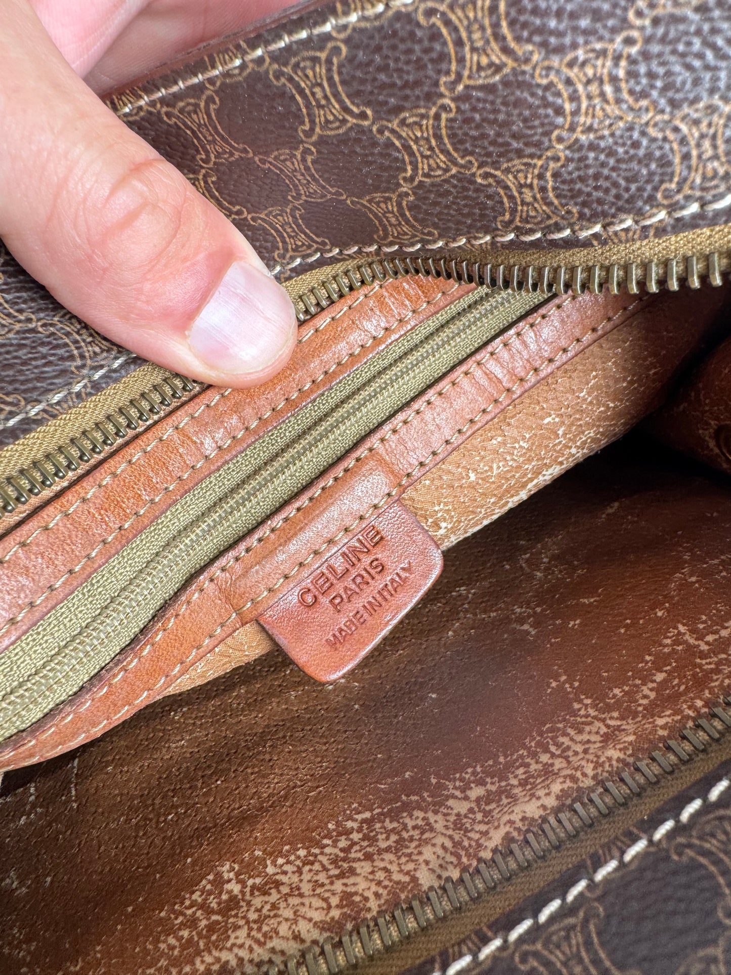 Sac rayé vintage en cuir monogramme Celine Paris marron