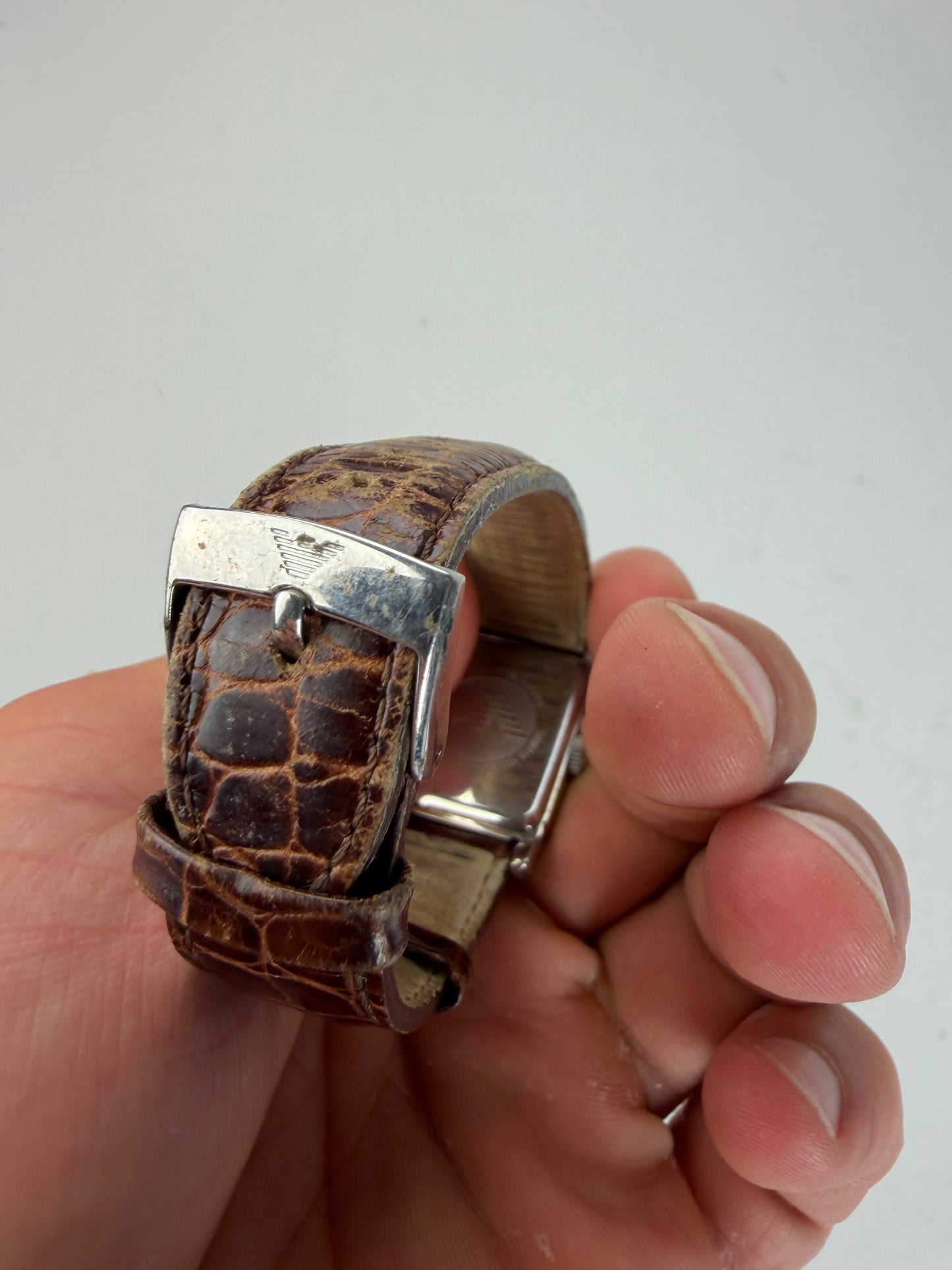 Vintage Giorgio Armani Leather Strap Watch Brown Silver