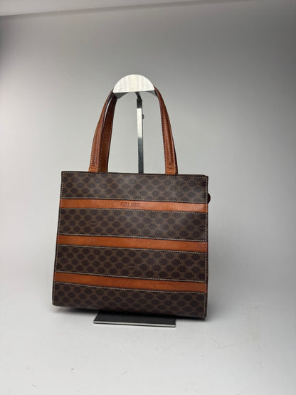 Sac rayé vintage en cuir monogramme Celine Paris marron