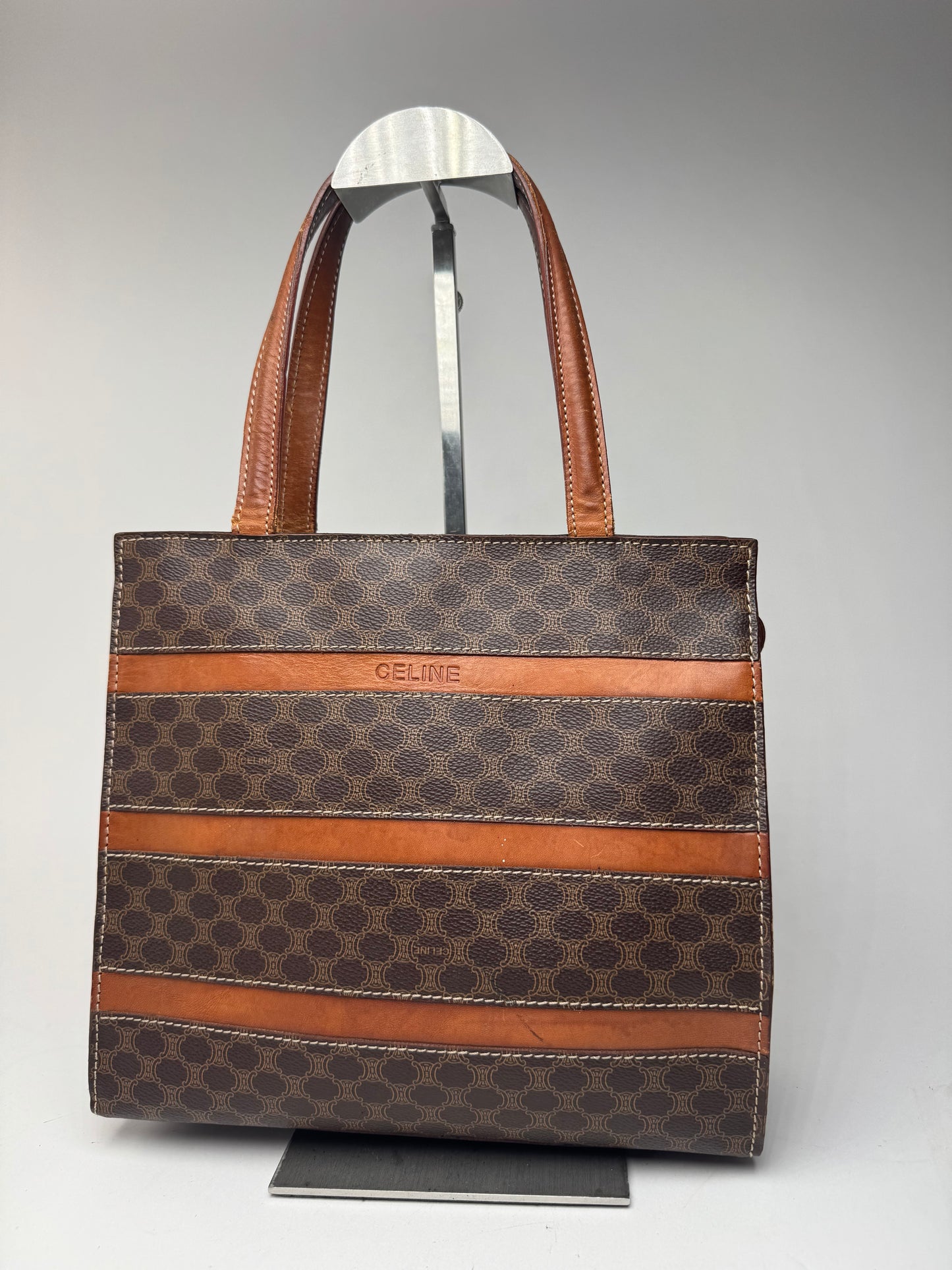 Sac rayé vintage en cuir monogramme Celine Paris marron