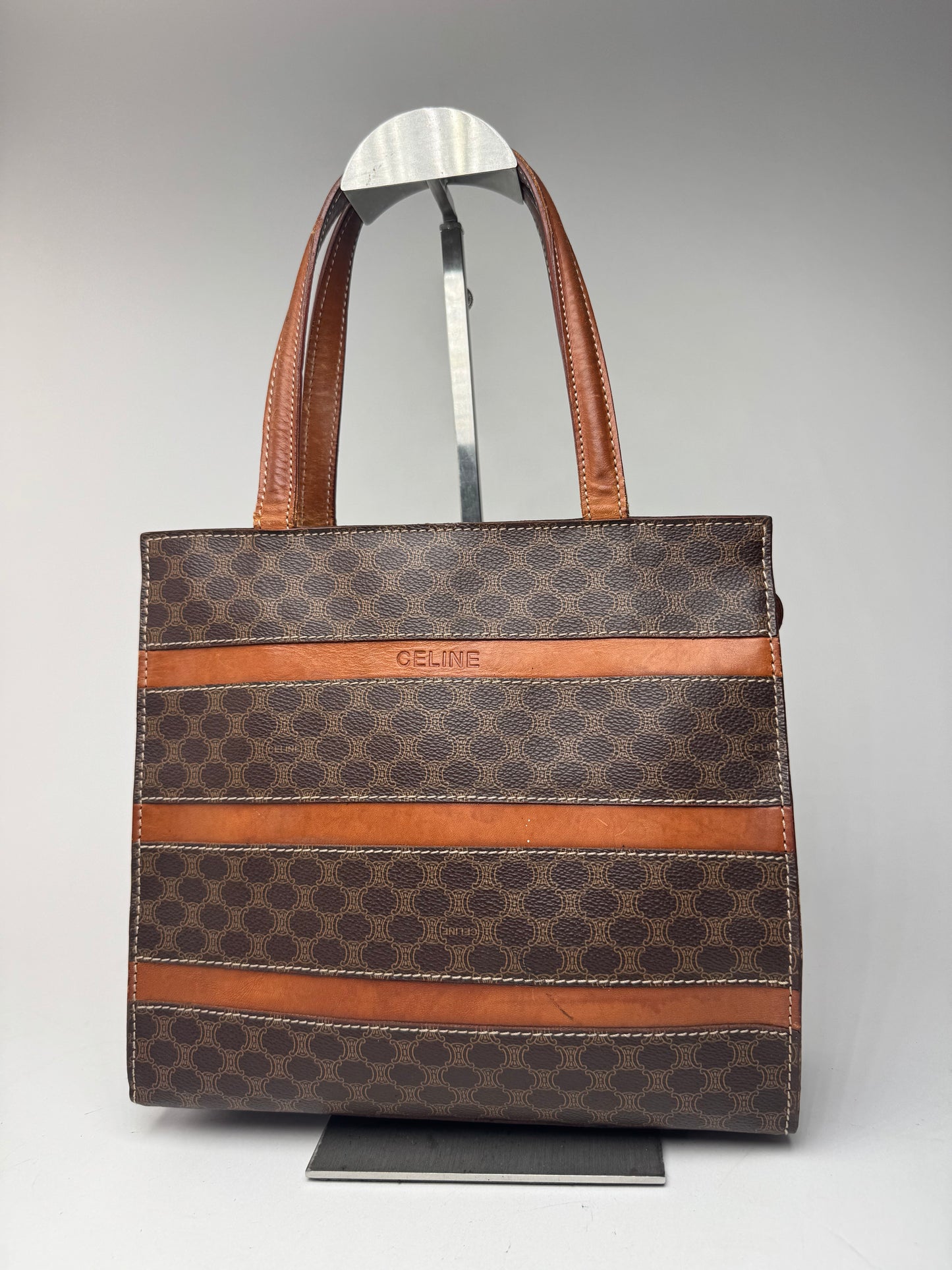 Sac rayé vintage en cuir monogramme Celine Paris marron