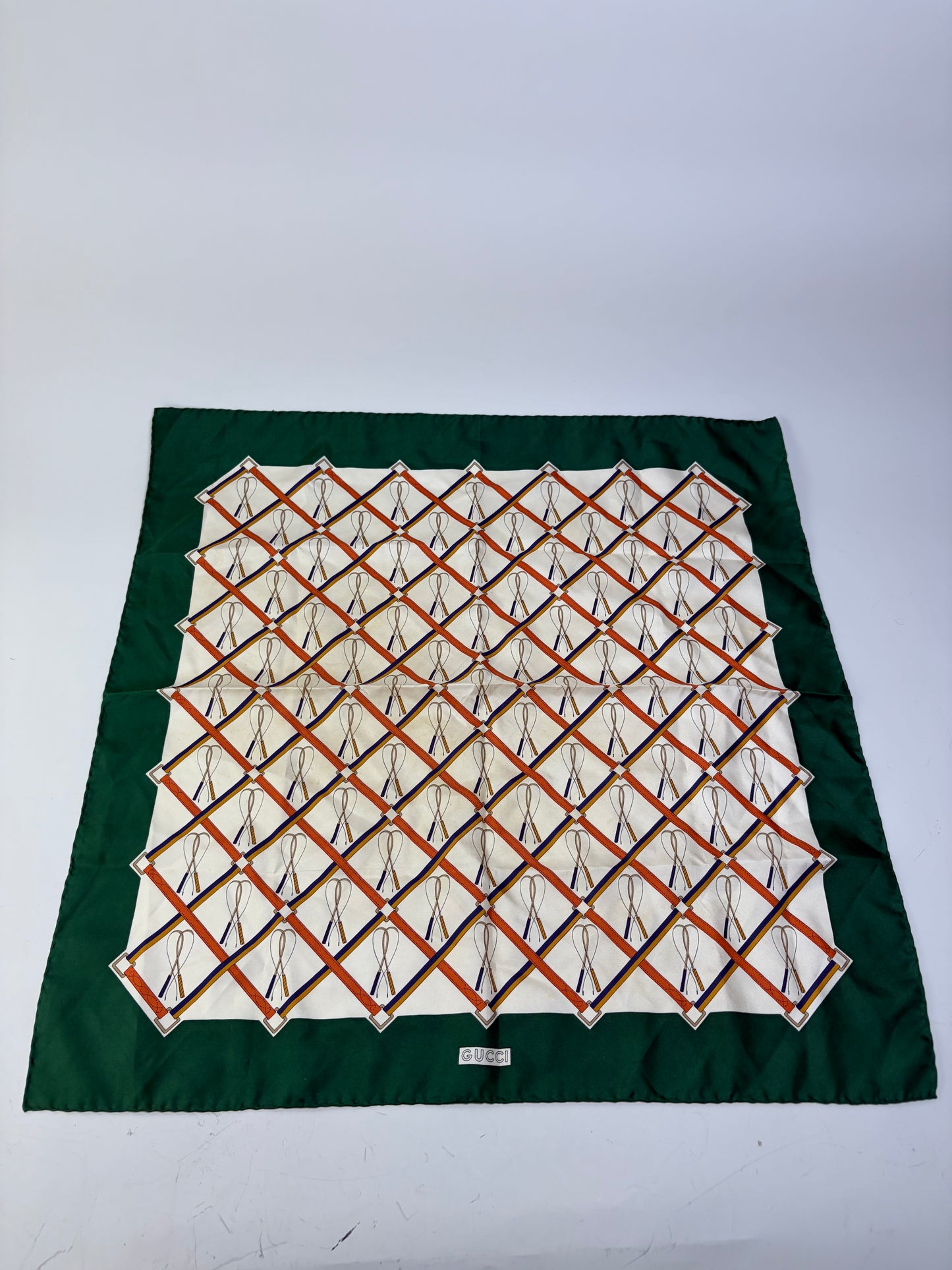 Vintage Gucci Silk Scarf Green Cream Rust c. 1990s