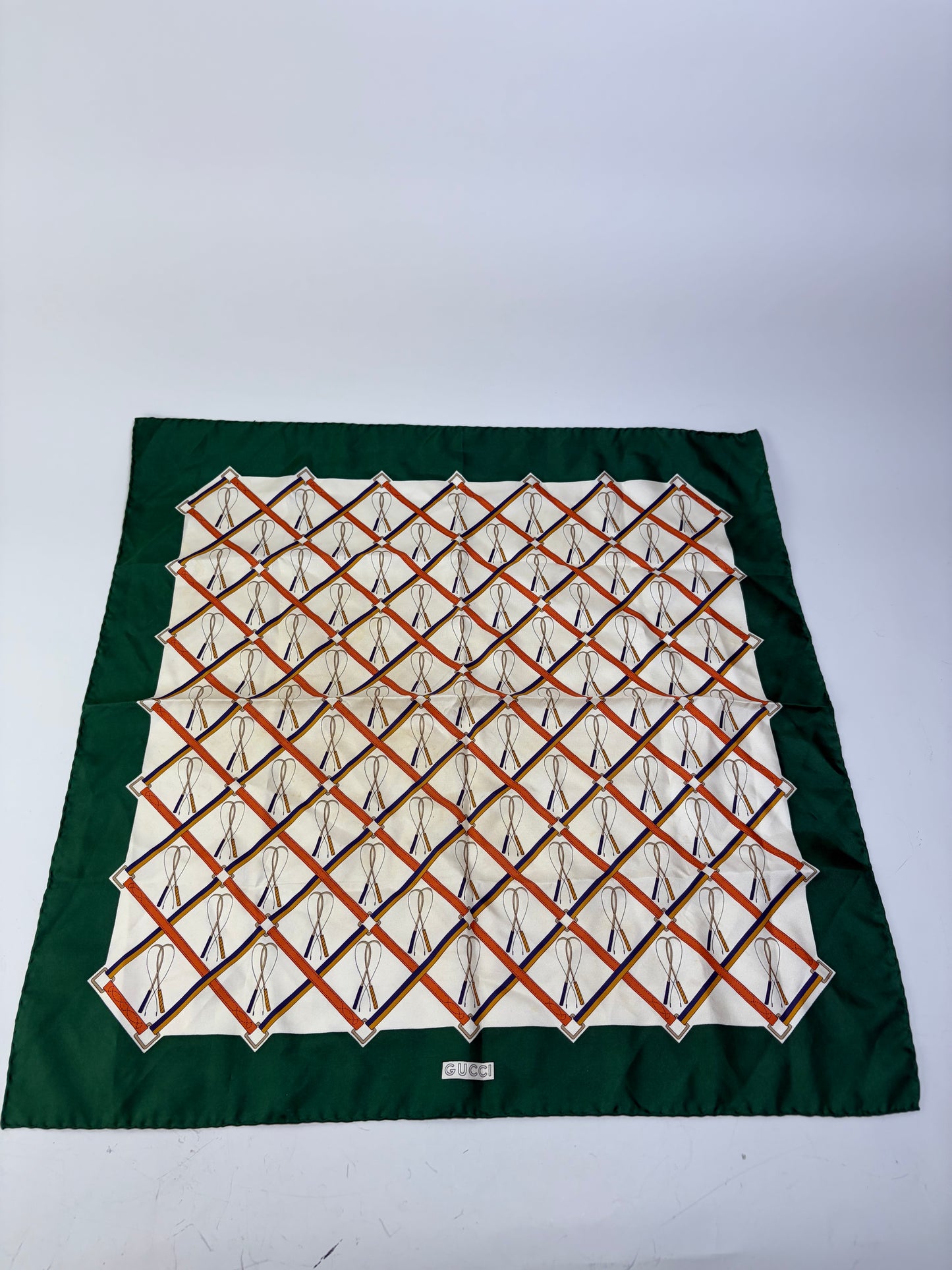 Vintage Gucci Silk Scarf Green Cream Rust c. 1990s