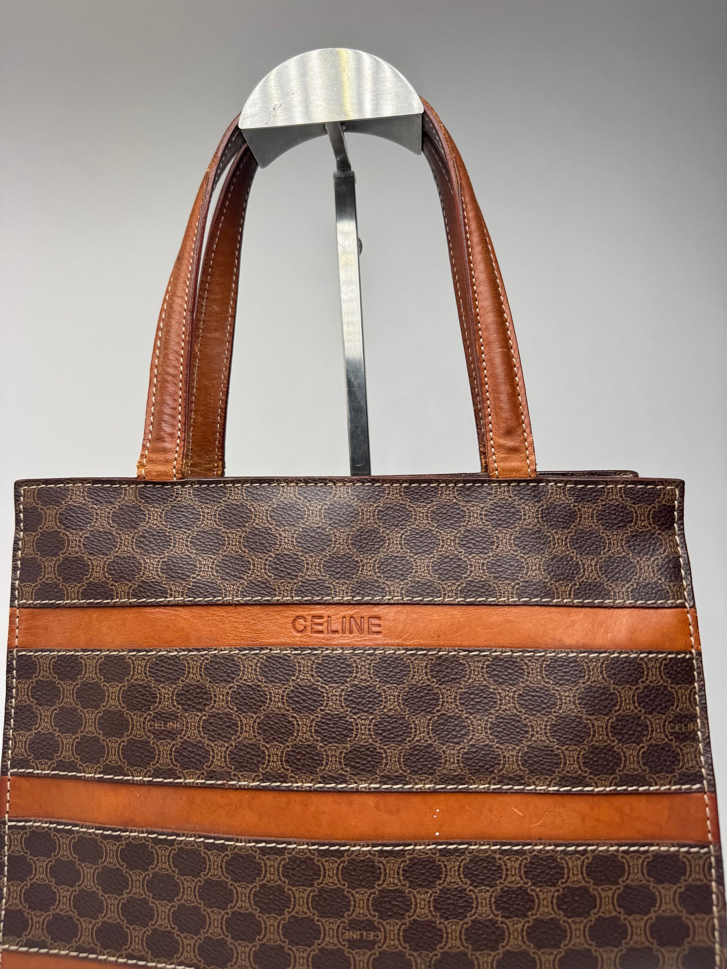 Sac rayé vintage en cuir monogramme Celine Paris marron