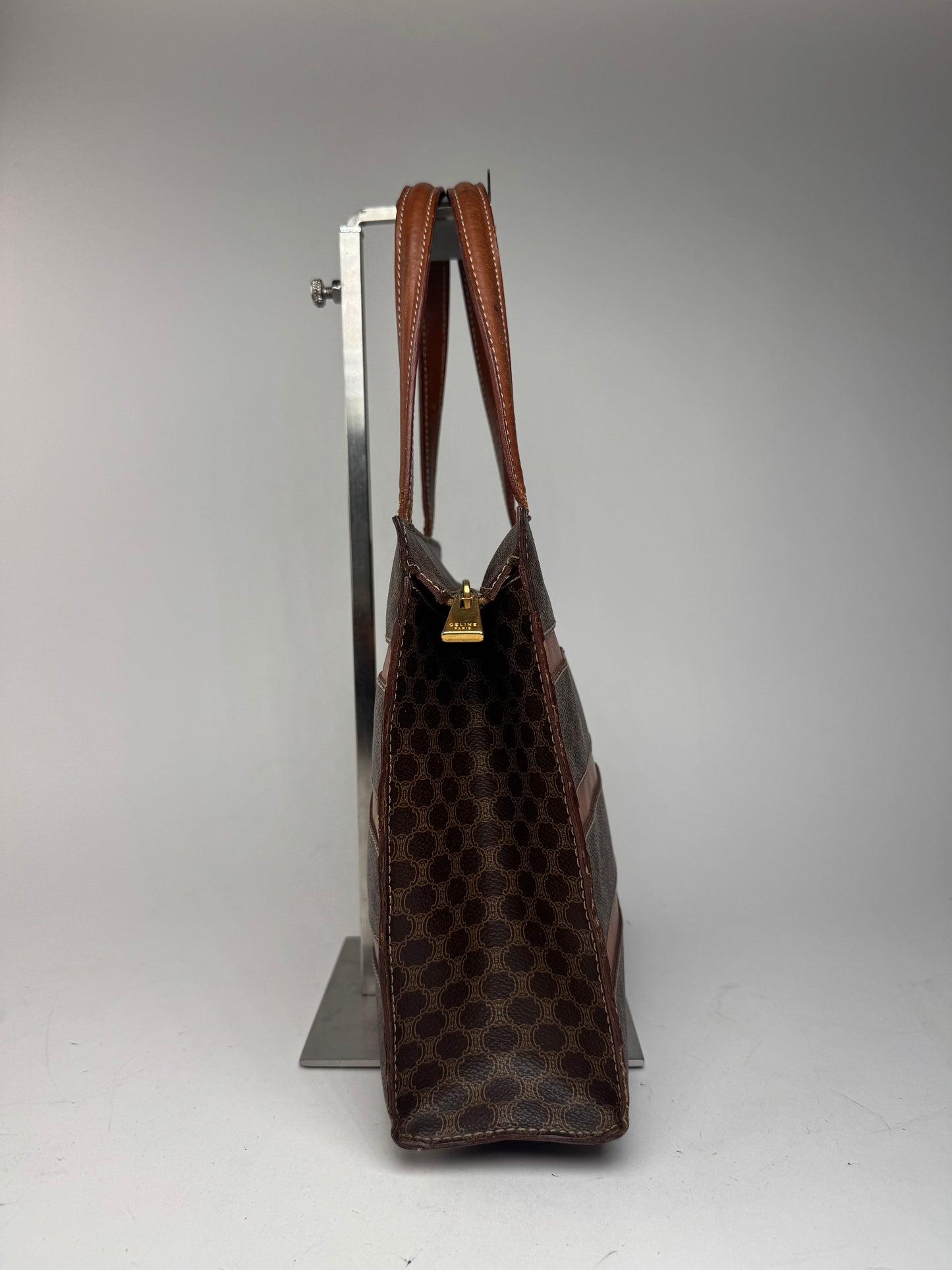 Sac rayé vintage en cuir monogramme Celine Paris marron