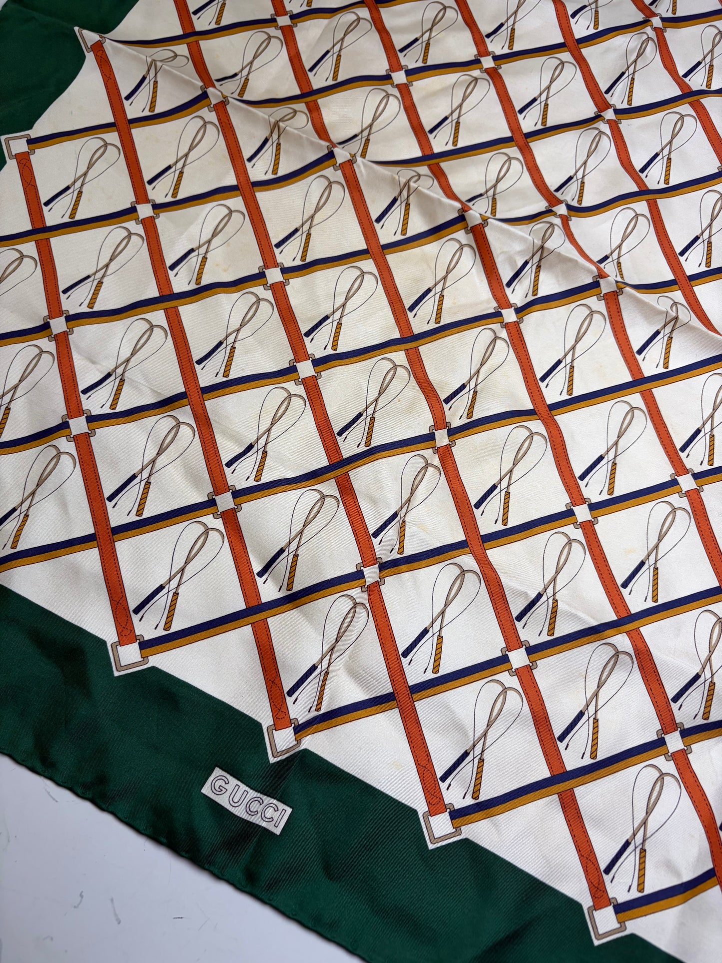 Vintage Gucci Silk Scarf Green Cream Rust c. 1990s