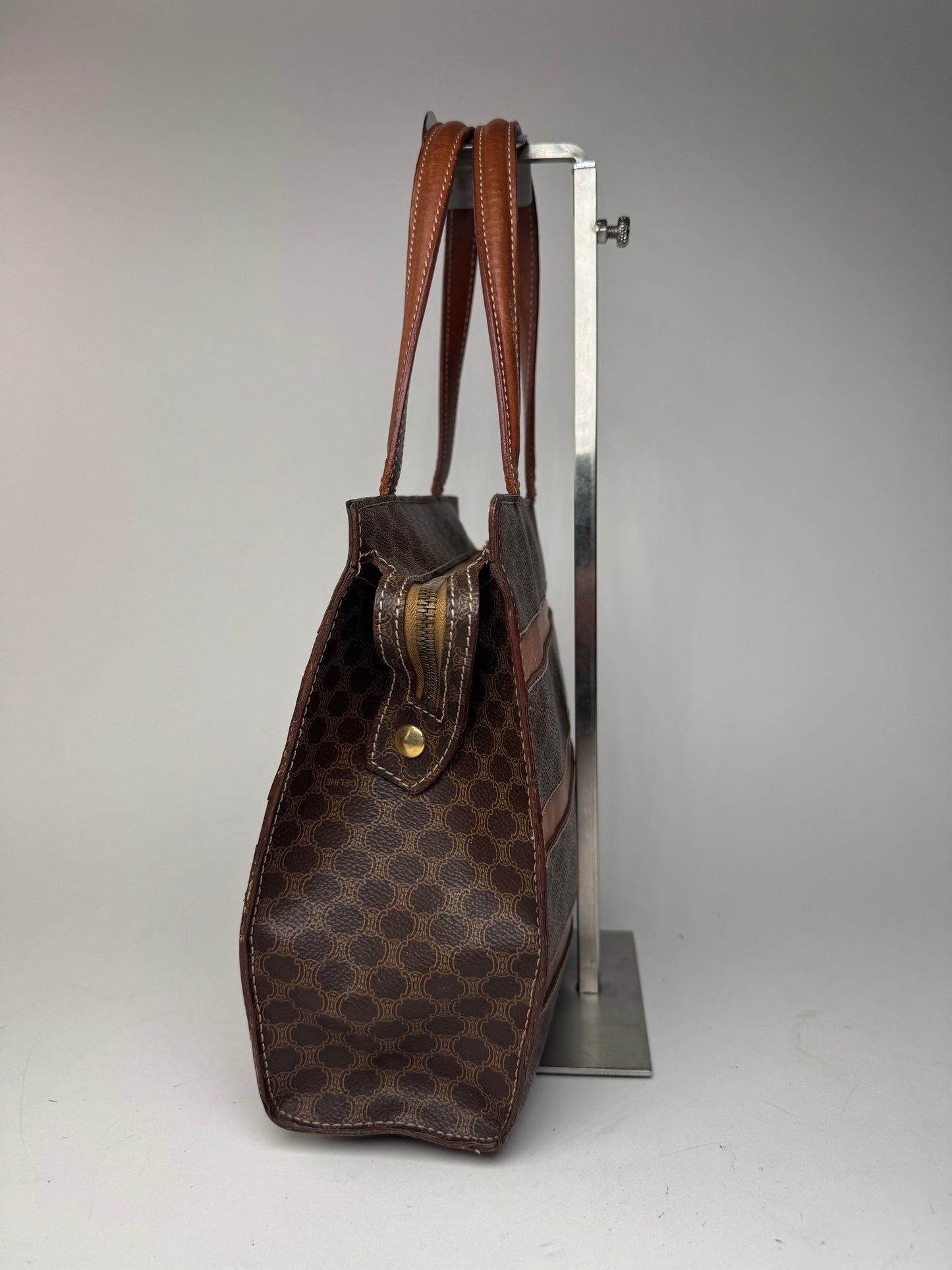 Sac rayé vintage en cuir monogramme Celine Paris marron