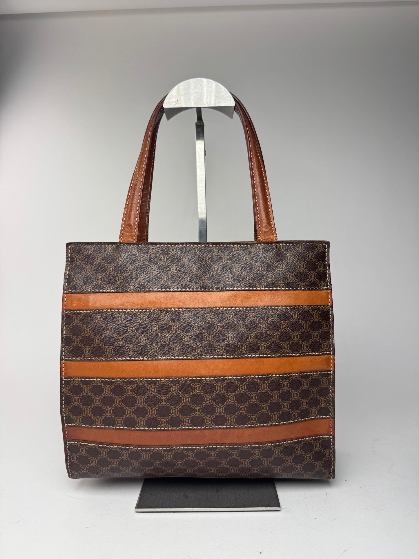 Sac rayé vintage en cuir monogramme Celine Paris marron