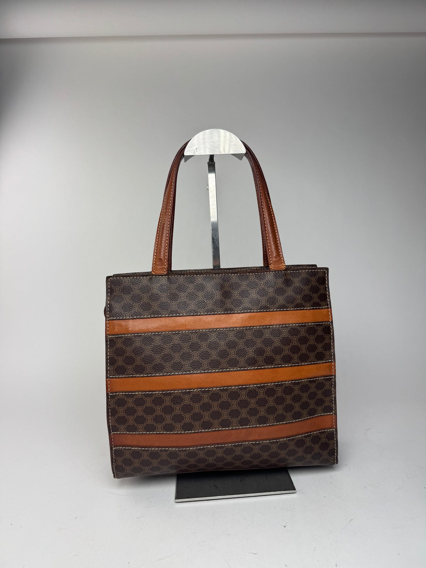Sac rayé vintage en cuir monogramme Celine Paris marron