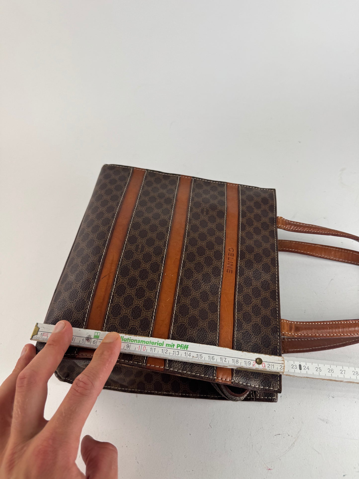 Sac rayé vintage en cuir monogramme Celine Paris marron