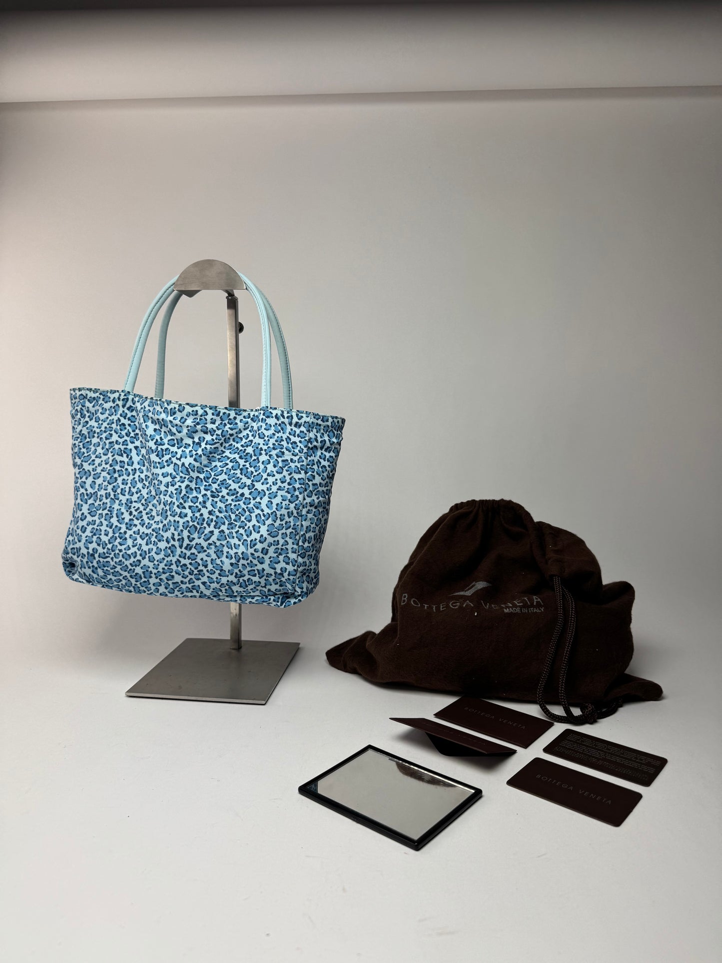 Vintage Bottega Veneta Reversible  nylon Shopper bag turquoise blue leopard