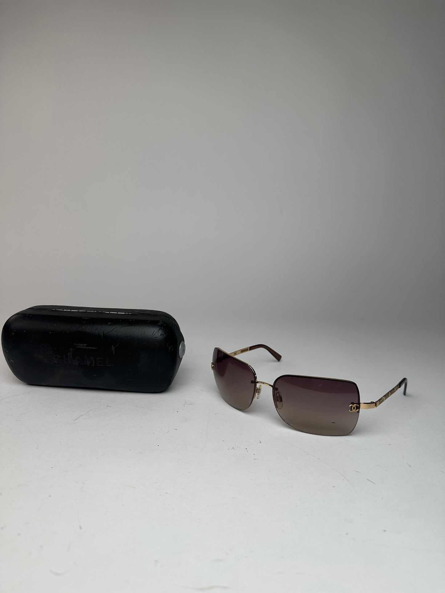 Vintage Chanel Rimless Sunglasses Brown Gold