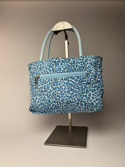 Vintage Bottega Veneta Reversible  nylon Shopper bag turquoise blue leopard