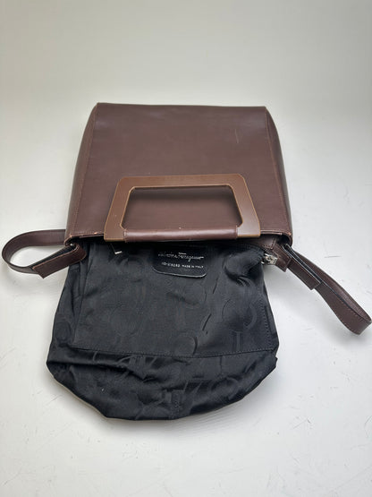 Vintage Ferragamo Grained Leather Shoulder Bag Brown Gold