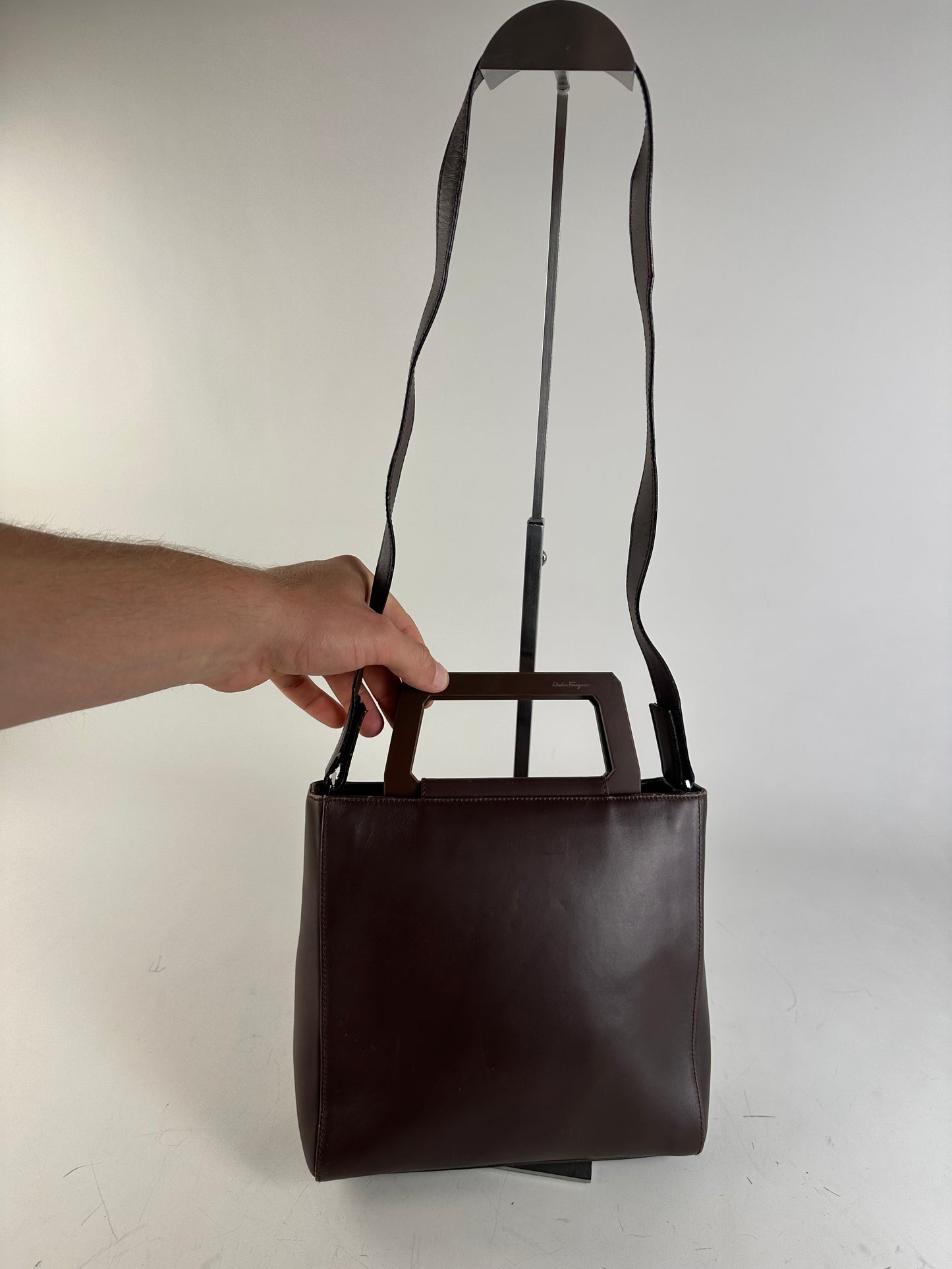 Vintage Ferragamo Grained Leather Shoulder Bag Brown Gold
