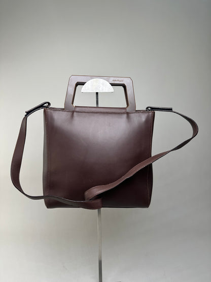 Vintage Ferragamo Grained Leather Shoulder Bag Brown Gold