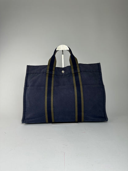 Vintage Hermès Fourre Tout MM Canvas Tote Bag Navy Khaki