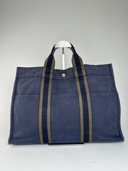 Vintage Hermès Fourre Tout MM Canvas Tote Bag Navy Khaki