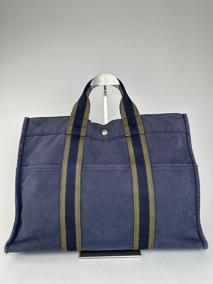 Vintage Hermès Fourre Tout MM Canvas Tote Bag Navy Khaki