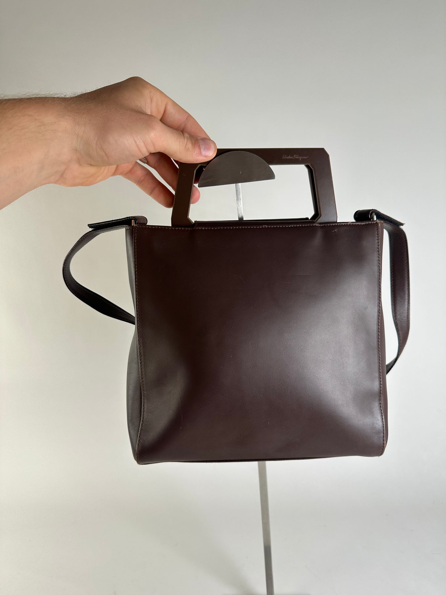 Vintage Ferragamo Grained Leather Shoulder Bag Brown Gold