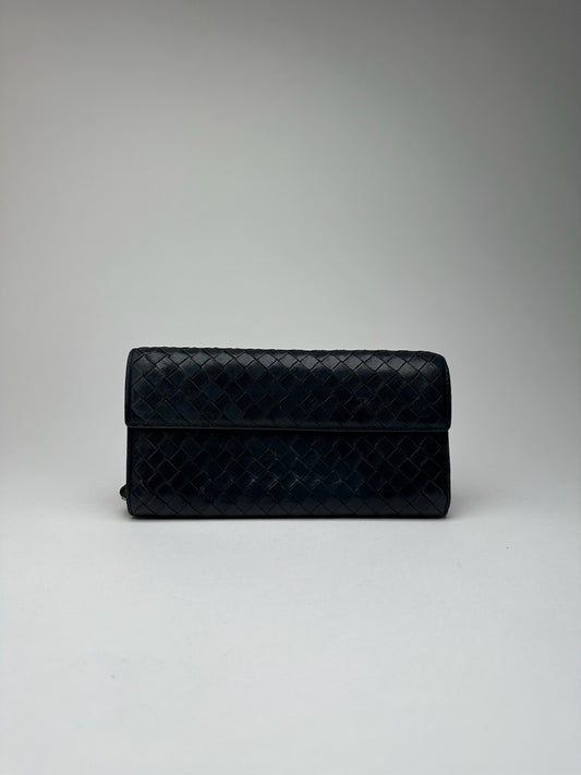 Vintage Bottega Veneta Intrecciato Leather Wallet Black