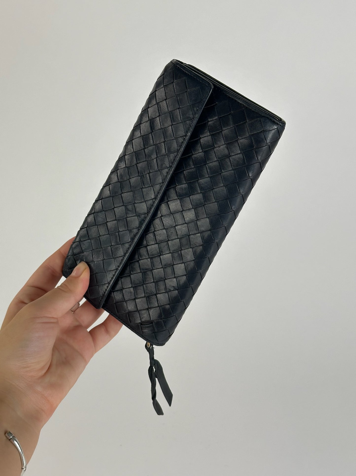 Vintage Bottega Veneta Intrecciato Leather Wallet Black