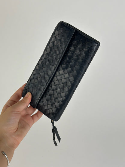 Vintage Bottega Veneta Intrecciato Leather Wallet Black