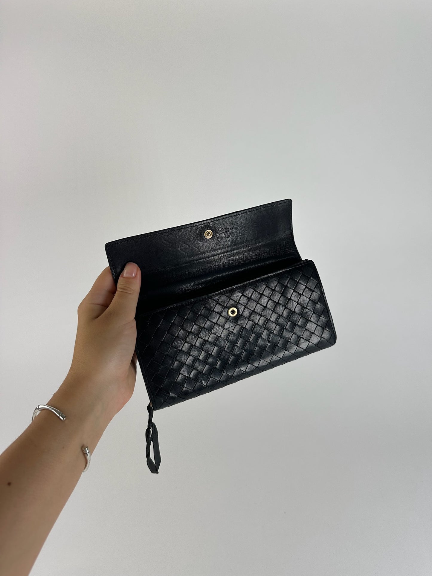 Vintage Bottega Veneta Intrecciato Leather Wallet Black