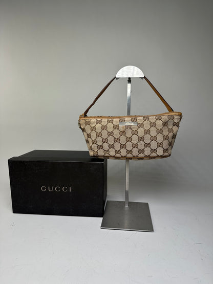Vintage Gucci GG Supreme Clutch Bag Beige Brown Gold