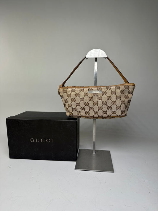 Vintage Gucci GG Supreme Clutch Bag Beige Brown Gold