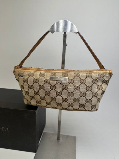Vintage Gucci GG Supreme Clutch Bag Beige Brown Gold