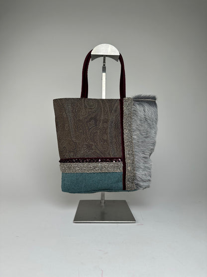 Vintage Etro Paisley Patchwork Multi Material Tote Bag Brown Burgundy