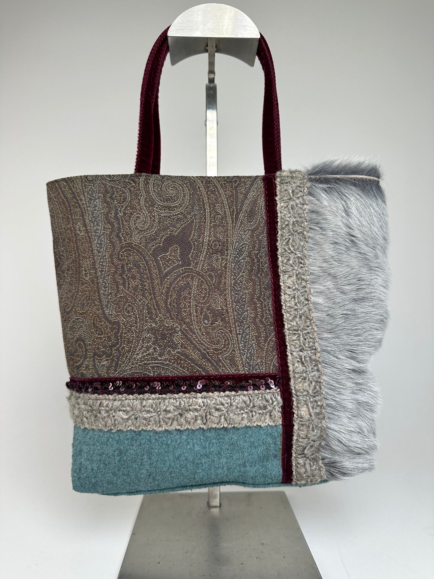 Vintage Etro Paisley Patchwork Multi Material Tote Bag Brown Burgundy