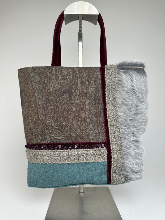 Vintage Etro Paisley Patchwork Multi Material Tote Bag Brown Burgundy