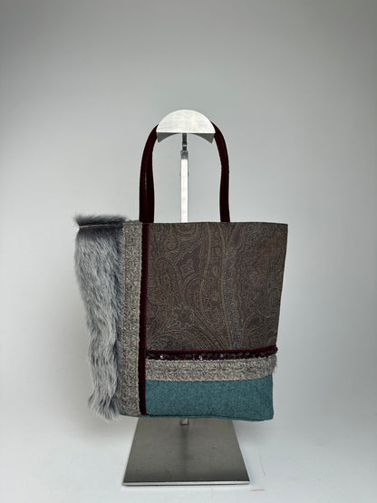 Vintage Etro Paisley Patchwork Multi Material Tote Bag Brown Burgundy