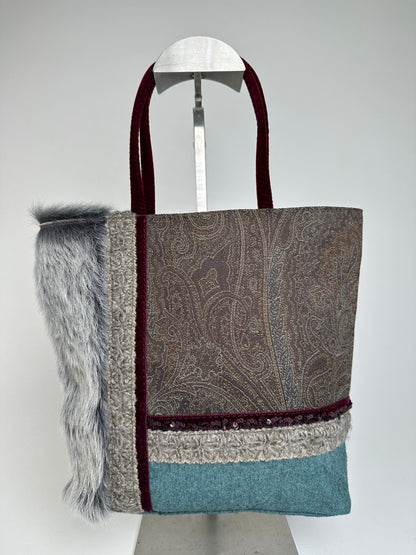 Vintage Etro Paisley Patchwork Multi Material Tote Bag Brown Burgundy