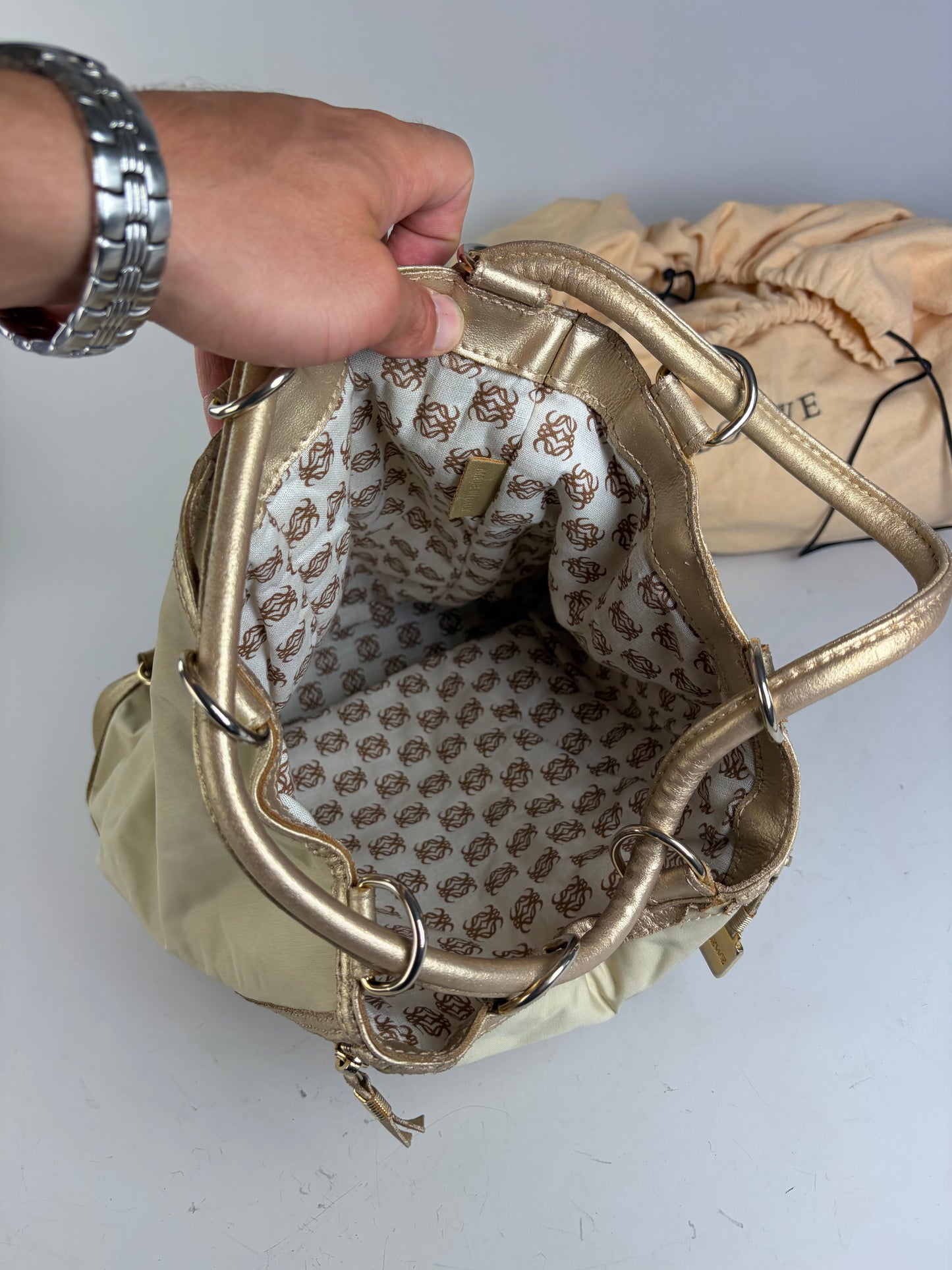 Vintage Loewe Drawstring Canvas Backpack Cream Gold